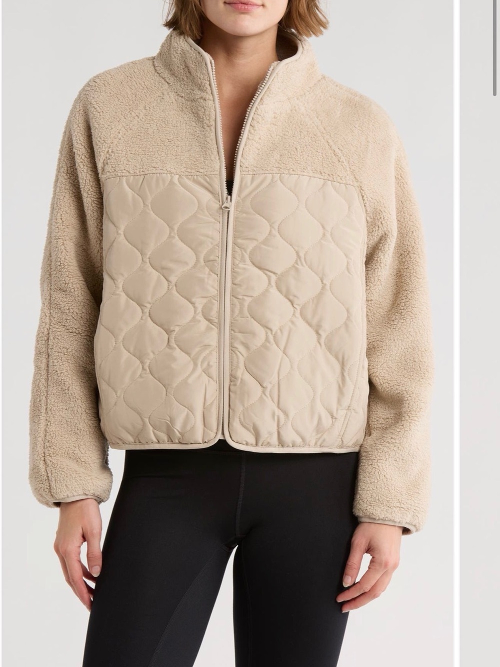 Zella Beige Quilted & Sherpa Zip Jacket